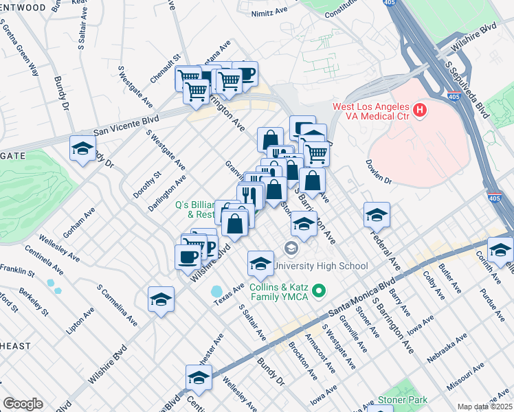 map of restaurants, bars, coffee shops, grocery stores, and more near 11785 Wilshire Boulevard in Los Angeles