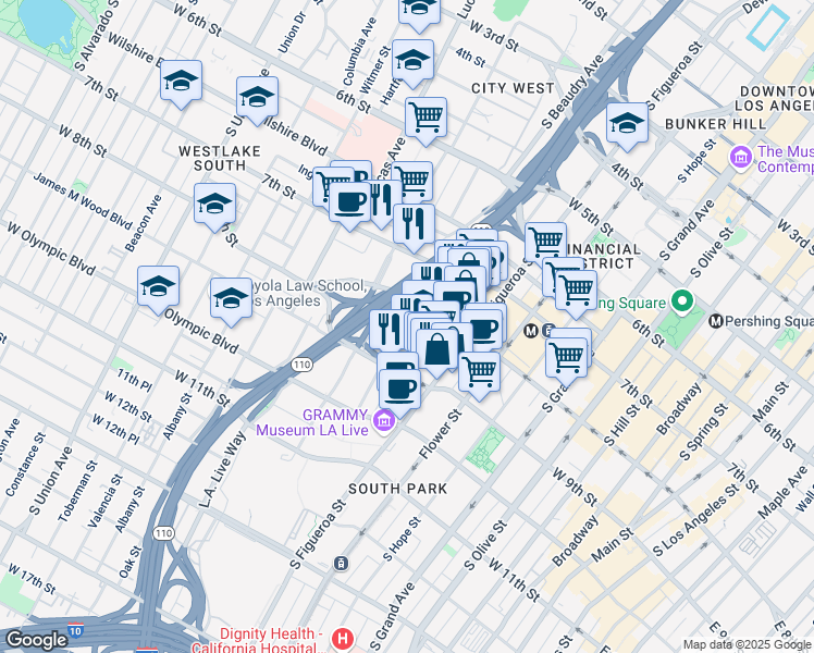 map of restaurants, bars, coffee shops, grocery stores, and more near 877 Francisco Street in Los Angeles