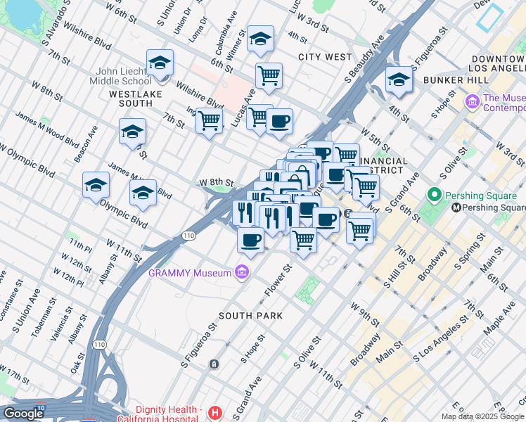 map of restaurants, bars, coffee shops, grocery stores, and more near 1000 West 8th Street in Los Angeles