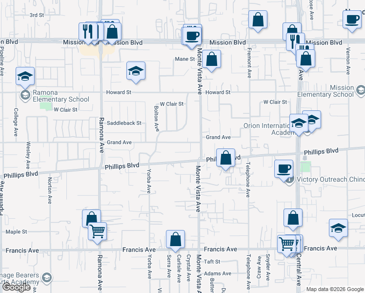 map of restaurants, bars, coffee shops, grocery stores, and more near 4839 Grand Avenue in Ontario