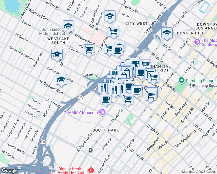 map of restaurants, bars, coffee shops, grocery stores, and more near 877 Francisco Street in Los Angeles