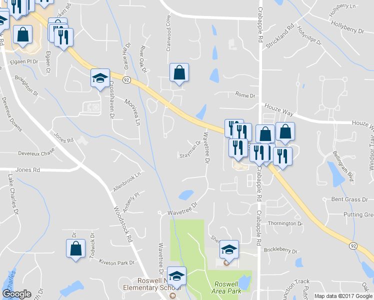 map of restaurants, bars, coffee shops, grocery stores, and more near 195 Stayman Drive in Roswell