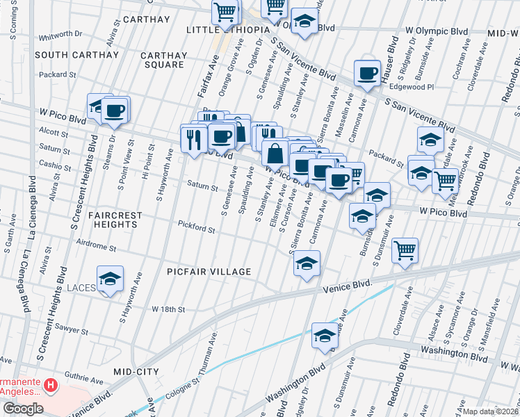 map of restaurants, bars, coffee shops, grocery stores, and more near 1503 South Stanley Avenue in Los Angeles