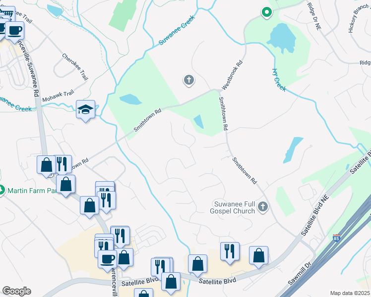 map of restaurants, bars, coffee shops, grocery stores, and more near 3507 Green Pine Way in Suwanee