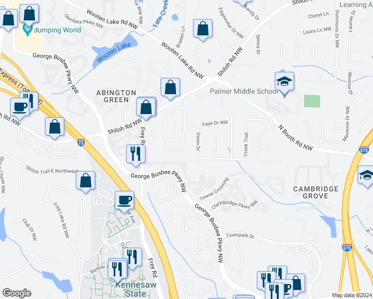 map of restaurants, bars, coffee shops, grocery stores, and more near 951 Shiloh Ridge Run Northwest in Kennesaw