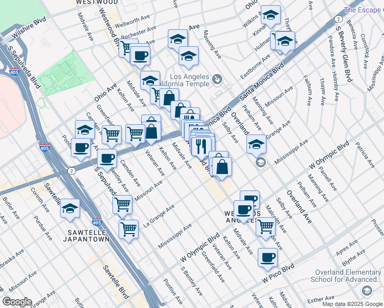 map of restaurants, bars, coffee shops, grocery stores, and more near 1884 Westwood Boulevard in Los Angeles