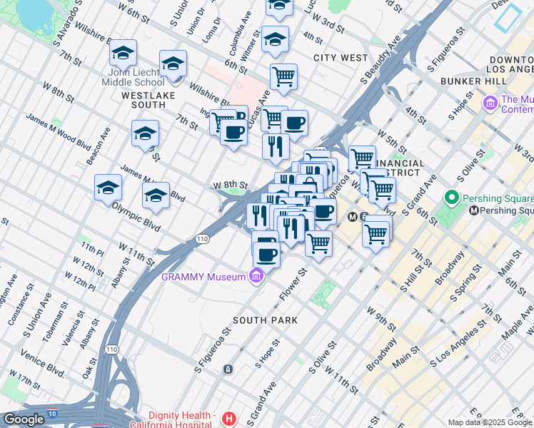 map of restaurants, bars, coffee shops, grocery stores, and more near 877 Francisco Street in Los Angeles