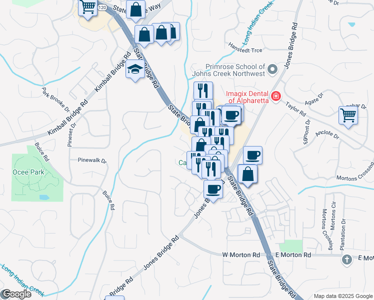 map of restaurants, bars, coffee shops, grocery stores, and more near 4645 Valais Court in Johns Creek