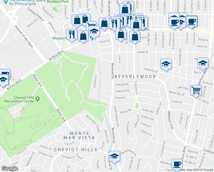 map of restaurants, bars, coffee shops, grocery stores, and more near 9718 Kirkside Road in Los Angeles