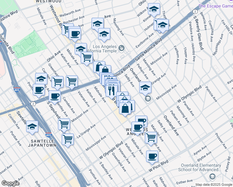 map of restaurants, bars, coffee shops, grocery stores, and more near 1909 Glendon Avenue in Los Angeles