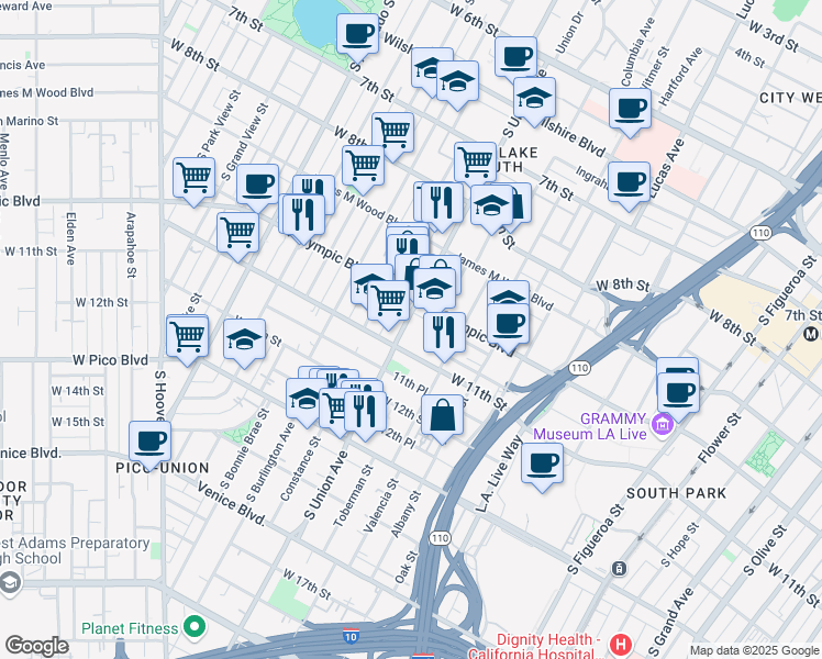 map of restaurants, bars, coffee shops, grocery stores, and more near 1029 South Union Avenue in Los Angeles