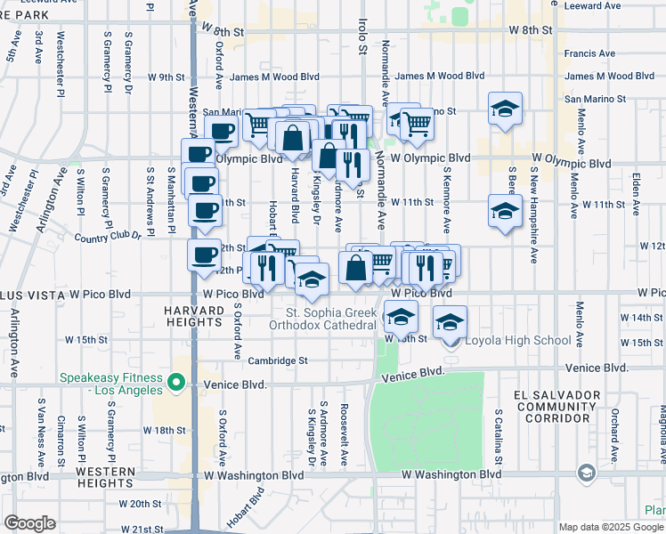 map of restaurants, bars, coffee shops, grocery stores, and more near 1218 South Ardmore Avenue in Los Angeles