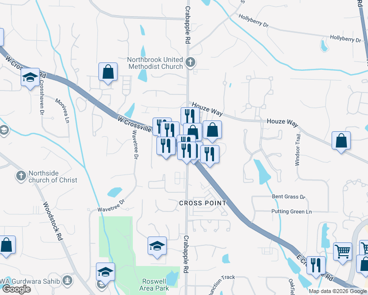 map of restaurants, bars, coffee shops, grocery stores, and more near 11000 Crabapple Road in Roswell