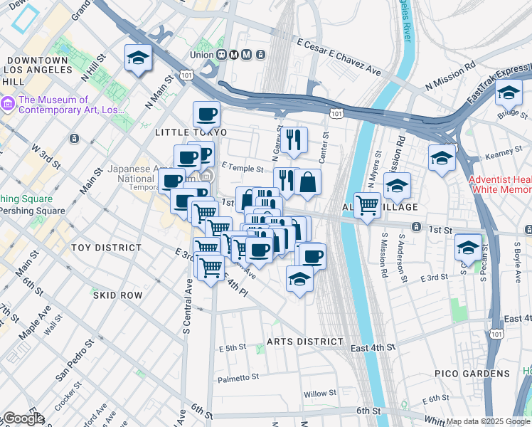 map of restaurants, bars, coffee shops, grocery stores, and more near 800 1st Street in Los Angeles