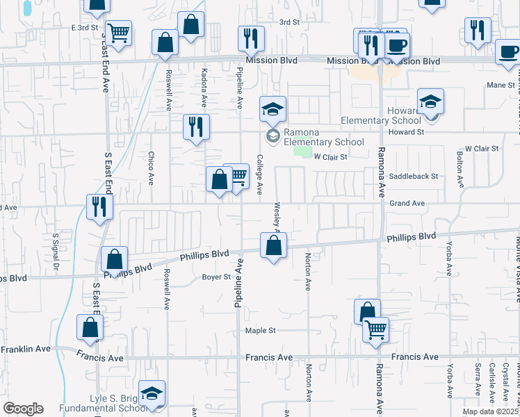 map of restaurants, bars, coffee shops, grocery stores, and more near 4155 East Grand Avenue in Pomona