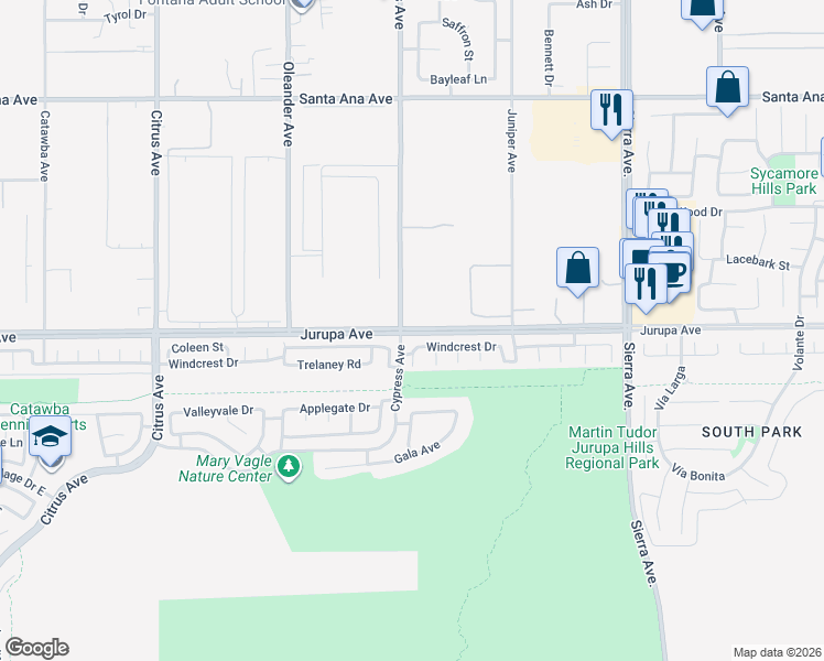 map of restaurants, bars, coffee shops, grocery stores, and more near in Fontana