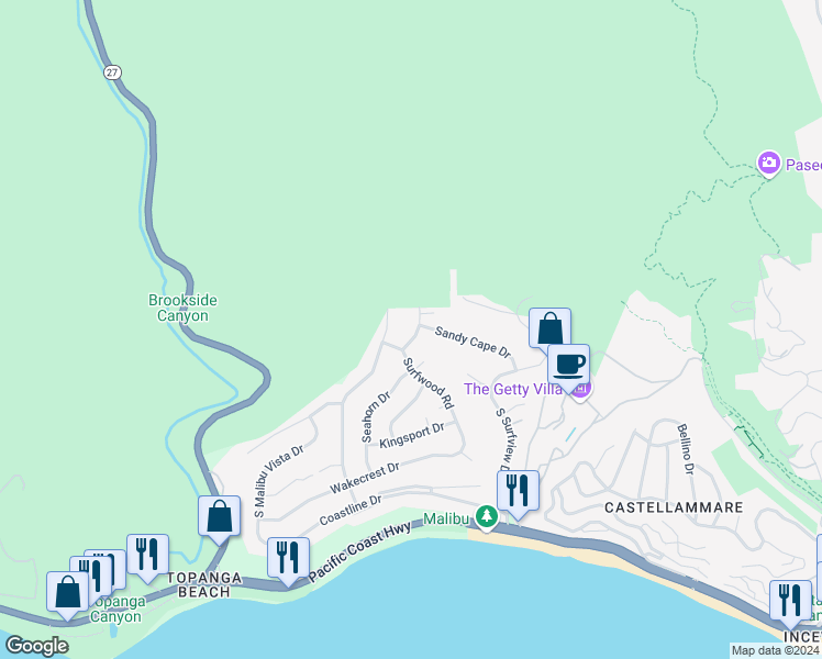 map of restaurants, bars, coffee shops, grocery stores, and more near 3437 Cloudcroft Drive in Malibu