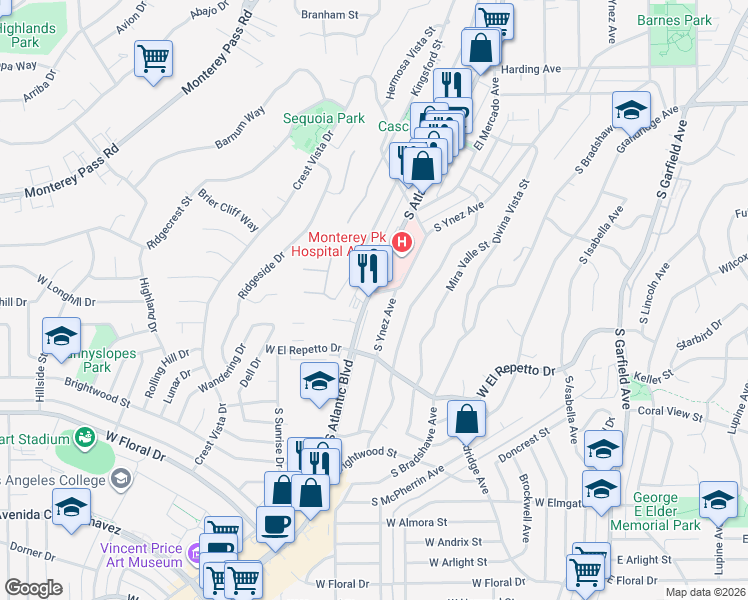 map of restaurants, bars, coffee shops, grocery stores, and more near 1106 South Atlantic Boulevard in Monterey Park