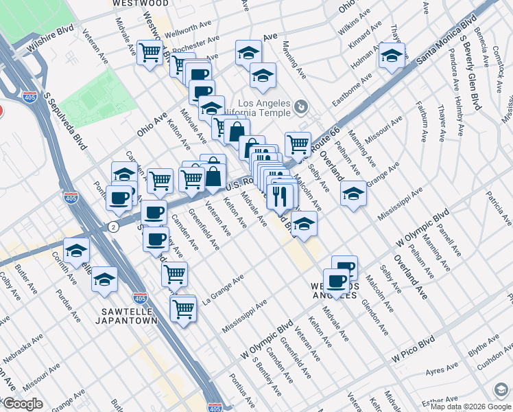 map of restaurants, bars, coffee shops, grocery stores, and more near 1850 Midvale Avenue in Los Angeles