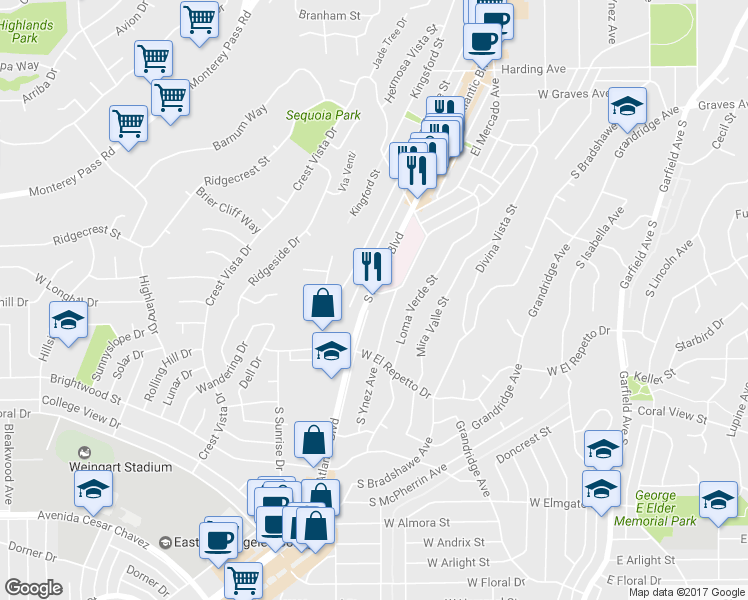 map of restaurants, bars, coffee shops, grocery stores, and more near 1106 South Atlantic Boulevard in Monterey Park