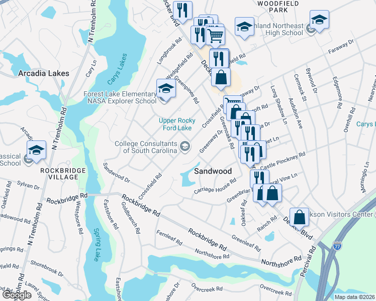 map of restaurants, bars, coffee shops, grocery stores, and more near 6714 Crossfield Road in Columbia