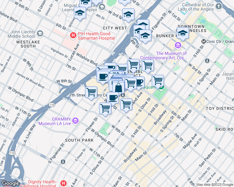 map of restaurants, bars, coffee shops, grocery stores, and more near 700 Flower Street in Los Angeles
