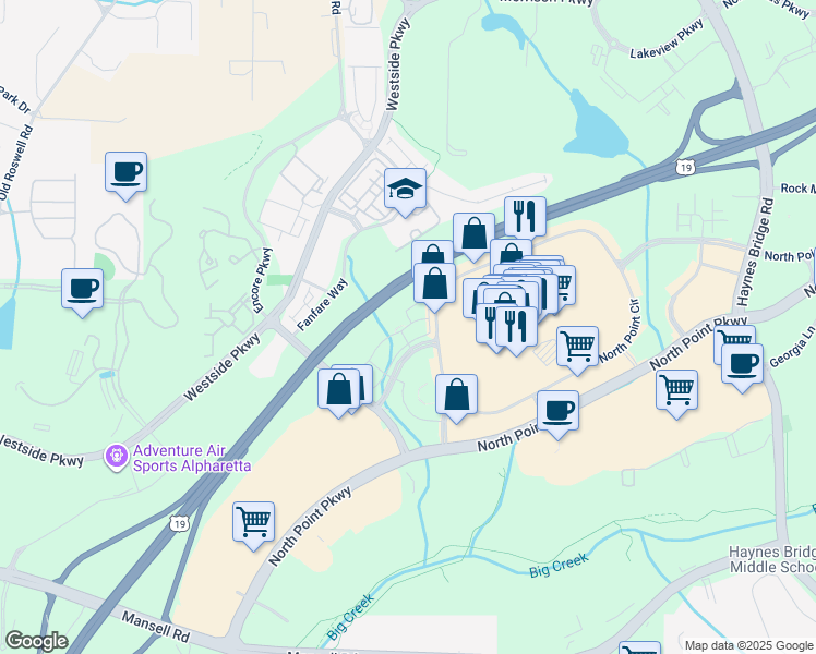 map of restaurants, bars, coffee shops, grocery stores, and more near 333 North Point Center East in Alpharetta