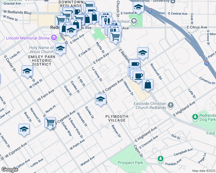 map of restaurants, bars, coffee shops, grocery stores, and more near 101 East Cypress Avenue in Redlands