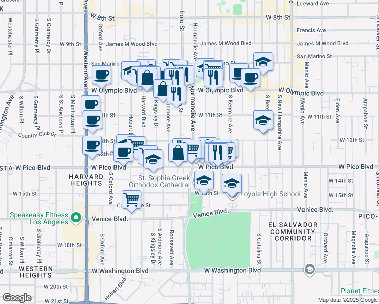 map of restaurants, bars, coffee shops, grocery stores, and more near 1225 Normandie Avenue in Los Angeles