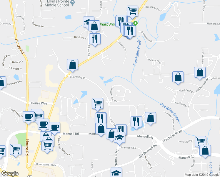 map of restaurants, bars, coffee shops, grocery stores, and more near 4208 Timbercreek Circle in Roswell