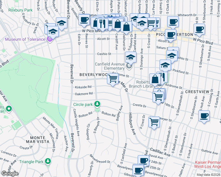 map of restaurants, bars, coffee shops, grocery stores, and more near 9342 Kirkside Road in Los Angeles