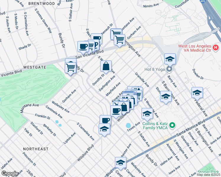 map of restaurants, bars, coffee shops, grocery stores, and more near 11959 Mayfield Avenue in Los Angeles