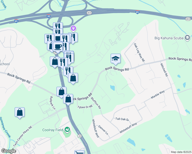 map of restaurants, bars, coffee shops, grocery stores, and more near 1368 Rock Springs Road in Buford