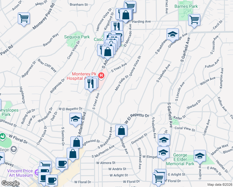 map of restaurants, bars, coffee shops, grocery stores, and more near 927 Divina Vista Street in Monterey Park