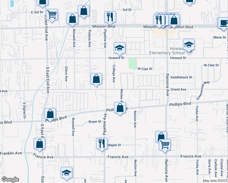 map of restaurants, bars, coffee shops, grocery stores, and more near 4155 East Grand Avenue in Pomona