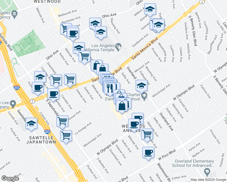 map of restaurants, bars, coffee shops, grocery stores, and more near 1909 Glendon Avenue in Los Angeles