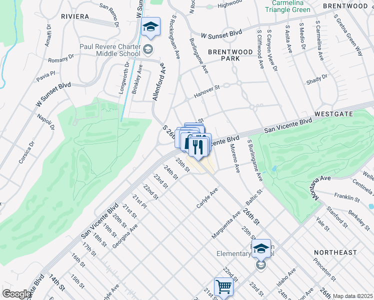 map of restaurants, bars, coffee shops, grocery stores, and more near San Vicente Boulevard & 26th Street in Santa Monica