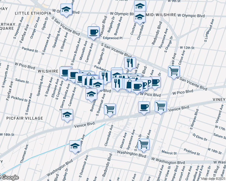 map of restaurants, bars, coffee shops, grocery stores, and more near Cochran Avenue in Los Angeles