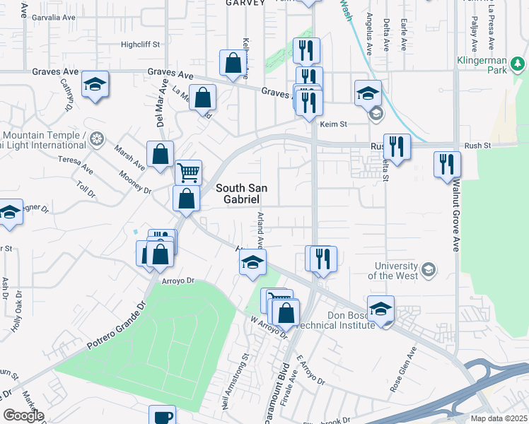 map of restaurants, bars, coffee shops, grocery stores, and more near 8102 Blewett Street in Rosemead
