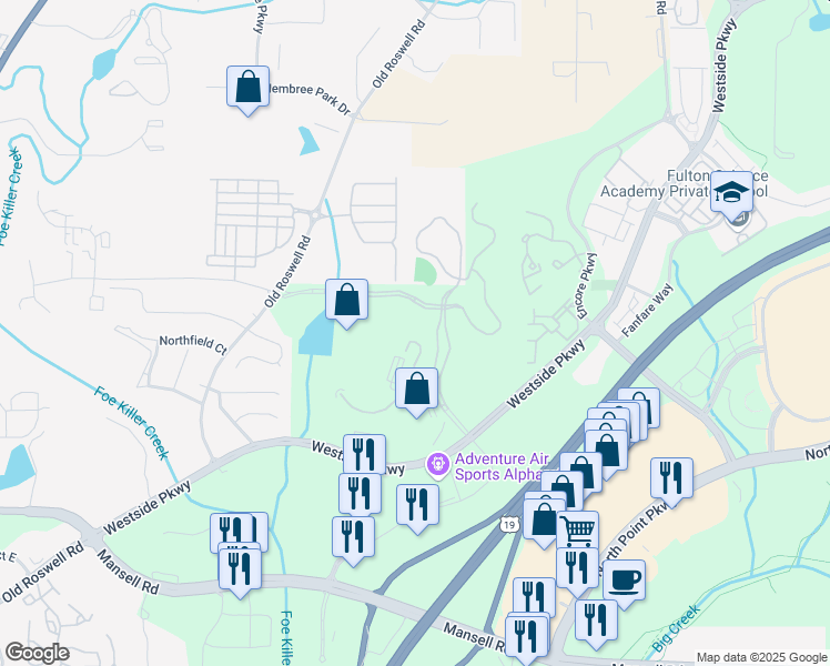 map of restaurants, bars, coffee shops, grocery stores, and more near 1125 Sanctuary Parkway in Alpharetta