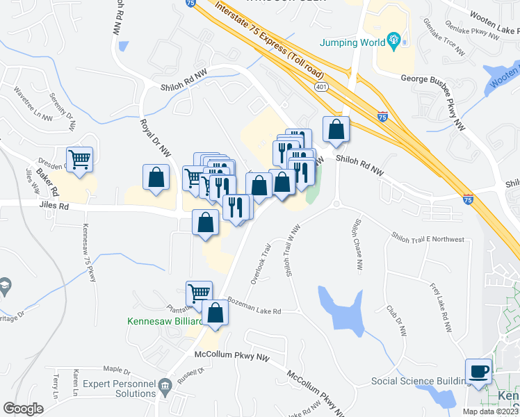 map of restaurants, bars, coffee shops, grocery stores, and more near 3895 Cherokee Street in Kennesaw