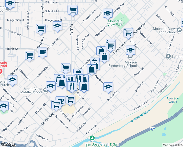 map of restaurants, bars, coffee shops, grocery stores, and more near 12246 Fineview Street in El Monte