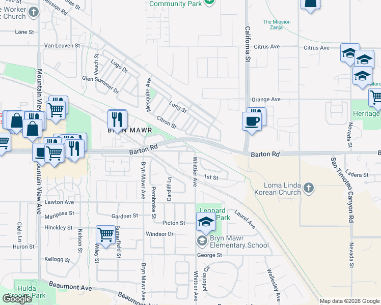 map of restaurants, bars, coffee shops, grocery stores, and more near 26271 Mayberry Street in Loma Linda