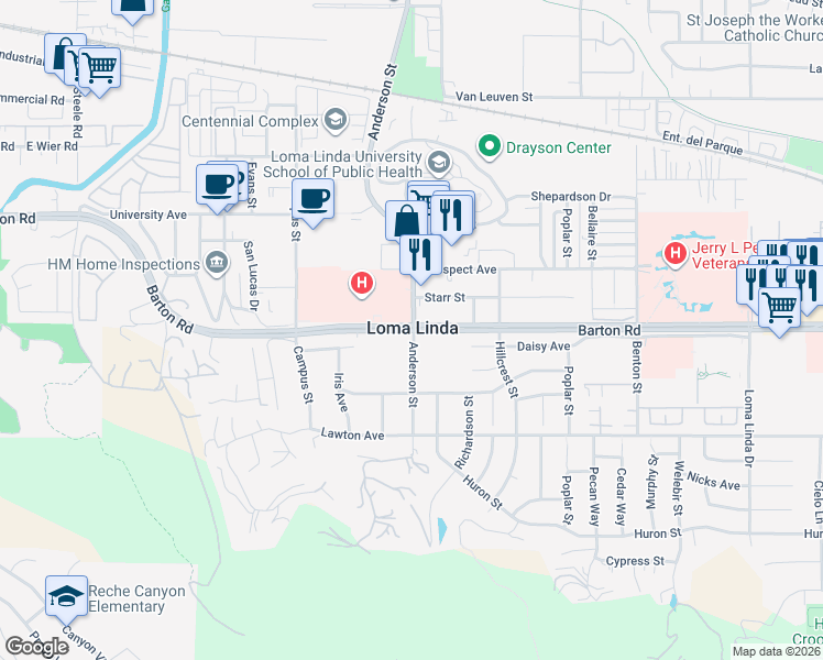 map of restaurants, bars, coffee shops, grocery stores, and more near in Loma Linda