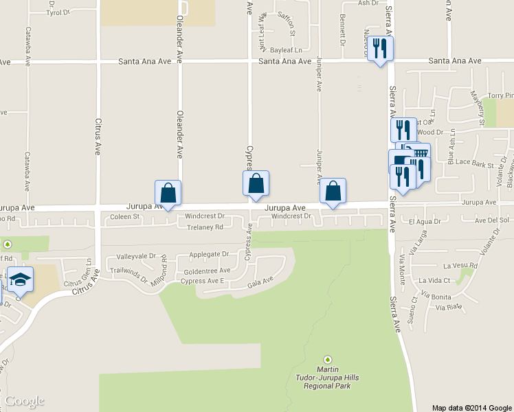 map of restaurants, bars, coffee shops, grocery stores, and more near 15846 Del Obisbo Road in Fontana
