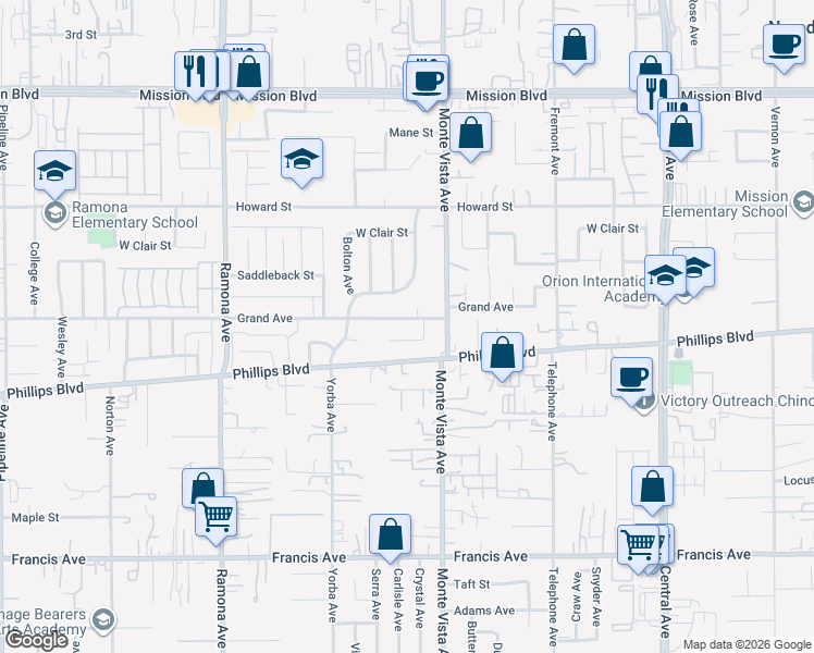 map of restaurants, bars, coffee shops, grocery stores, and more near 4839 Grand Avenue in Ontario