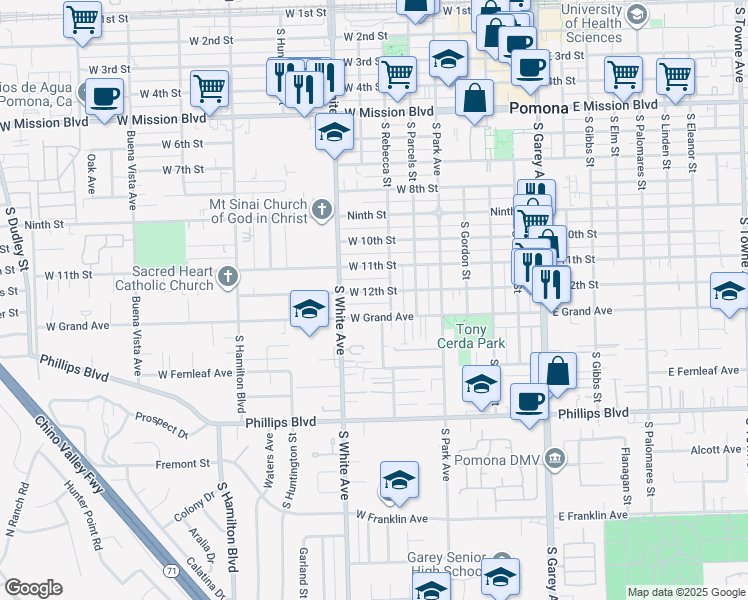 map of restaurants, bars, coffee shops, grocery stores, and more near 818 West 12th Street in Pomona