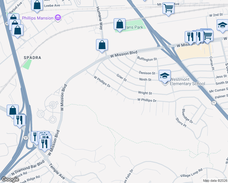 map of restaurants, bars, coffee shops, grocery stores, and more near 1211 Messina Place in Pomona