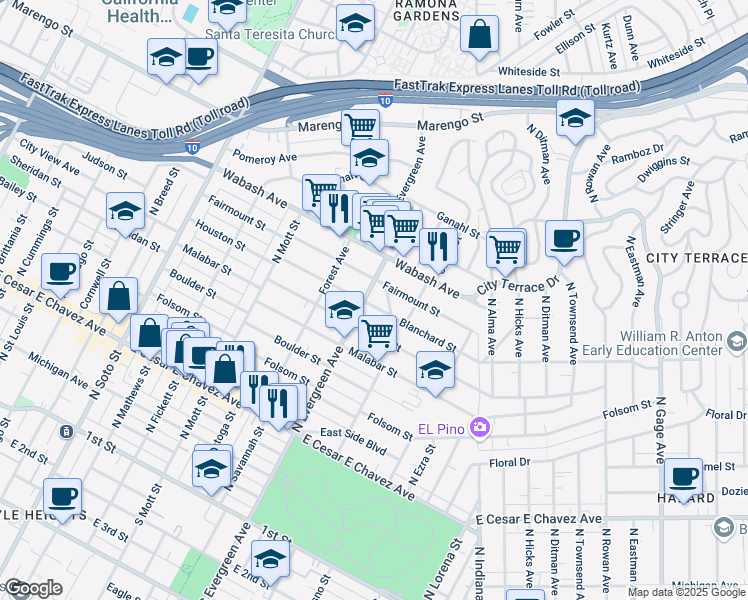 map of restaurants, bars, coffee shops, grocery stores, and more near 910 North Evergreen Avenue in Los Angeles