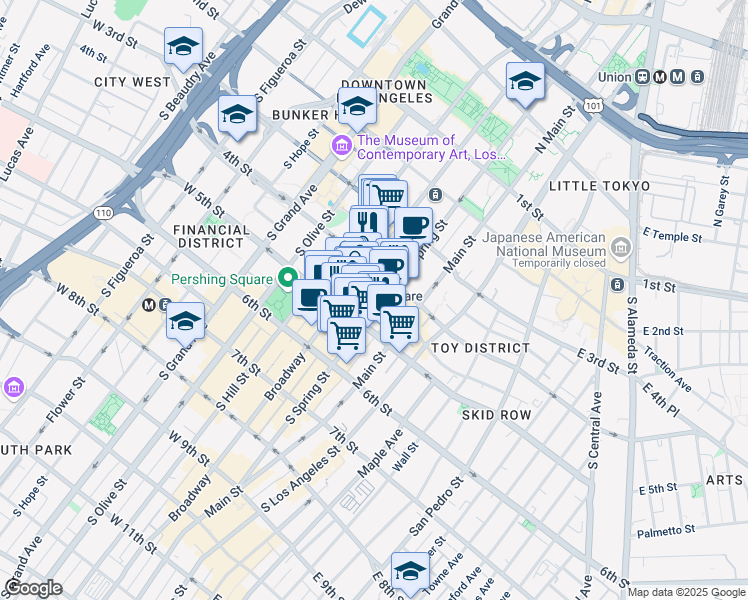 map of restaurants, bars, coffee shops, grocery stores, and more near 433 South Spring Street in Los Angeles